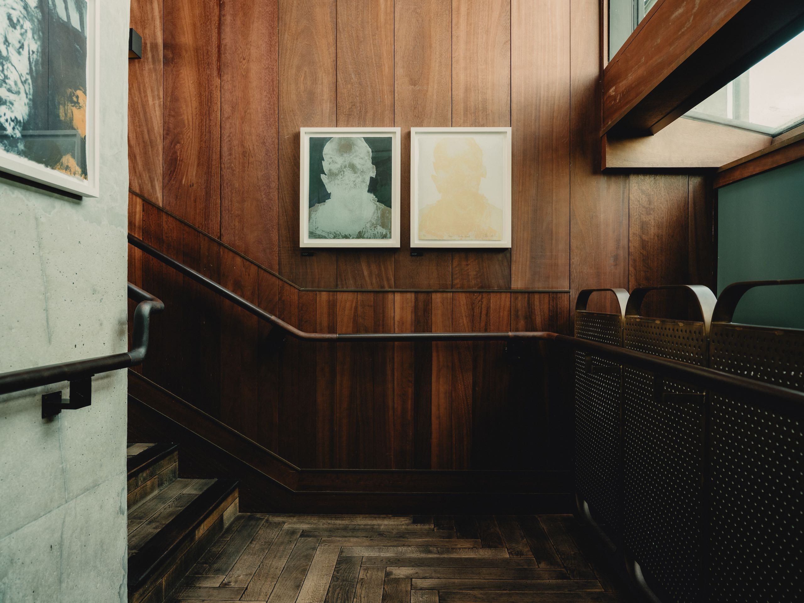 Stairwell with artwork hanging